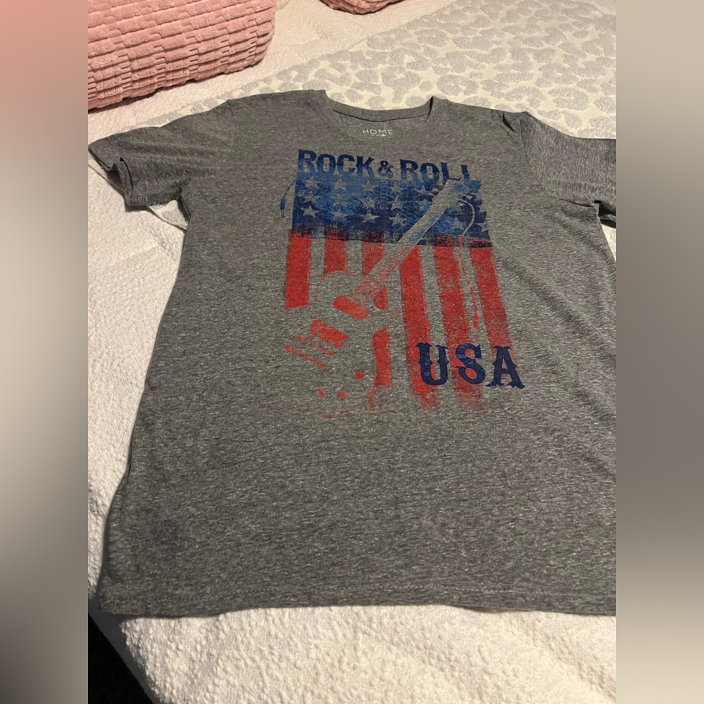Rock & Roll USA Graphic Tee - Gray with Red & Blue Print